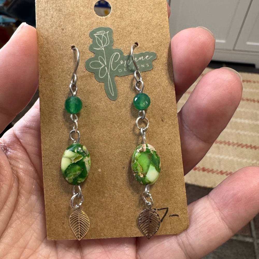 Green and Silver Dangle Earrings with Crystal Beads